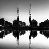 Cranes, Houses and the Moon BW